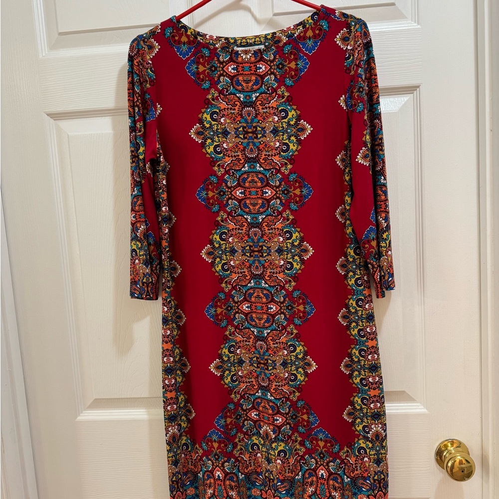 London Style Red and Blue Patterned Long Sleeve Dress